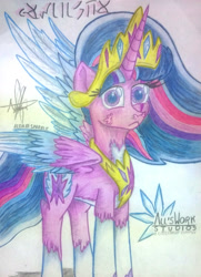 Size: 3006x4149 | Tagged: safe, artist:aldairsparkle, oc, oc:twilight, alicorn, pony, all'swork studios, colored pencil drawing, monarch, new version, pencil, pencil drawing, photo, queen twilight, serious, serious face, solo, spoiler, spoilers for another series, traditional art, unknown language