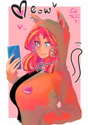 Size: 1400x2000 | Tagged: safe, artist:sozglitch, sunset shimmer, human, g4, breasts, busty sunset shimmer, catgirl, cellphone, clothes, female, heart, humanized, nyanset shimmer, phone, smartphone