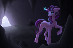 Size: 3084x2048 | Tagged: safe, artist:maybeweed, starlight glimmer, pony, unicorn, g4, cave, glowing, glowing horn, high res, horn, looking back, raised hoof, s5 starlight, solo