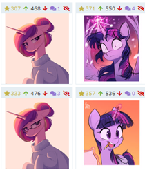 Size: 307x365 | Tagged: safe, artist:fanzeem, artist:higglytownhero, edit, princess cadance, twilight sparkle, alicorn, pony, unicorn, derpibooru, g4, alternate hairstyle, bag, blushing, clothes, cute, cutedance, female, frown, glasses, glowing, glowing horn, hair bun, horn, hotline bling, juxtaposition, magic, mare, meme, messy mane, meta, mouth hold, open mouth, paper, pencil, pencil in mouth, ponified meme, reaction image, saddle bag, shrunken pupils, spread wings, sweater, twiabetes, twilight sparkle (alicorn), unicorn twilight, unintentional reaction image, wings