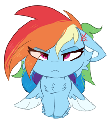 Size: 2008x2224 | Tagged: safe, artist:tizhonolulu, rainbow dash, pegasus, pony, g4, :<, angry, cheek fluff, chest fluff, cross-popping veins, eye clipping through hair, feathered wings, floppy ears, high res, looking at you, pegasus wings, simple background, solo, squint, white background, wings, wings down