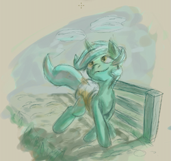 Size: 603x566 | Tagged: artist needed, safe, artist:auntiefrost, lyra heartstrings, pony, unicorn, g4, colored sketch, diaper, female, fence, mare, non-baby in diaper, solo, walking