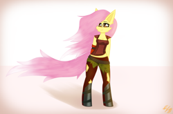 Size: 4080x2700 | Tagged: safe, fluttershy, anthro, unguligrade anthro, g4, alternate hairstyle, belt, borderlands, borderlands 2, breasts, cheek fluff, clothes, cosplay, costume, crossover, ear fluff, eyelashes, female, fluffy, high res, lilith (borderlands), lipstick, mare, pants, signature, simple background, smiling, socks, solo, torn clothes