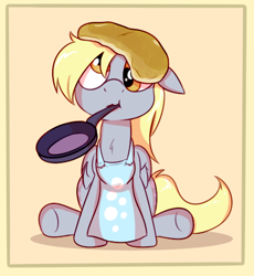 Size: 438x476 | Tagged: source needed, safe, artist:cookieboy011, derpy hooves, pegasus, pony, g4, apron, clothes, cute, derp, derpabetes, female, floppy ears, food, frying pan, mare, mouth hold, pancakes, solo, underhoof