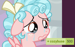 Size: 1920x1200 | Tagged: safe, edit, edited screencap, screencap, cozy glow, derpibooru, g4, marks for effort, 500, :s, abuse, comments locked down, cozy glow's bow, cozybuse, crying, female, filly, foal, meta, pure concentrated unfiltered evil of the utmost potency, pure unfiltered evil, tags, wavy mouth, xd