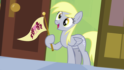 Size: 1280x720 | Tagged: safe, screencap, derpy hooves, pegasus, pony, g4, rainbow falls, season 4, cute, derpabetes, derpy's flag, female, flag, flag waving, folded wings, happy, mare, meme, meme origin, open mouth, open smile, ponified meme, replacement meme, smiling, solo, the grey one's glorious return, wings