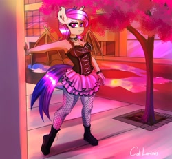 Size: 3800x3500 | Tagged: safe, artist:cali luminos, oc, oc only, oc:night hex, bat pony, anthro, plantigrade anthro, ambient, boots, breasts, cleavage, clothes, corset, costume, dress, ear piercing, earring, female, fishnet stockings, high res, jewelry, piercing, sexy, shoes, solo, spiked wristband, stockings, thigh highs, tree, wristband