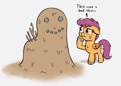 Size: 1569x1122 | Tagged: safe, artist:heretichesh, scootaloo, pegasus, pony, g4, colored, female, filly, foal, mud, mud pony, simple background, solo