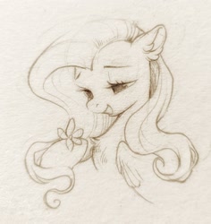 Size: 1935x2048 | Tagged: safe, artist:paipaishuaige, fluttershy, pegasus, pony, g4, bust, chest fluff, cute, ear fluff, female, flower, hoof hold, looking at something, looking down, mare, monochrome, portrait, raised hoof, shyabetes, simple background, smiling, solo, three quarter view, traditional art, white background, wings