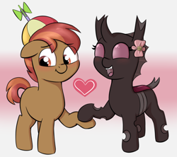 Size: 1530x1360 | Tagged: safe, artist:heretichesh, button mash, oc, unnamed oc, changeling, earth pony, pony, g4, blushing, colored, colt, duo, female, filly, floating heart, foal, heart, holding hooves, male, pink changeling, simple background