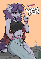 Size: 1400x2000 | Tagged: safe, artist:butterbit, oc, anthro, any race, breasts, candy, clothes, commission, cute, ear fluff, emo, fishnet stockings, food, lollipop, midriff, punk, rebel, smiling, solo, tank top, your character here