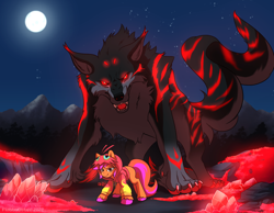 Size: 1018x789 | Tagged: safe, artist:flabbyotter, oc, oc:clarity heart, blaziken, changeling, earth pony, pony, wolf, animated, bioluminescent, clothes, disguise, disguised changeling, hoodie, moon, mountain, night, pokémon, protecting, purple changeling, realgar, transformation, unshorn fetlocks