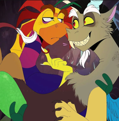Size: 720x734 | Tagged: safe, artist:nervousskull, discord, oc, draconequus, g4, alebrije, fangs, holding, legend quest, looking at each other, looking at someone, male, spanish description