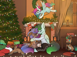Size: 3619x2654 | Tagged: safe, artist:aaathebap, oc, oc only, oc:gizmo, oc:gryph xander, oc:midnight winds, oc:northern lights, oc:tinker, pegasus, pony, christmas, christmas tree, christmas wreath, cookie, cute, family, female, filly, fireplace, foal, food, high res, holiday, lantern, lights, male, middergryph, mistletoe, oc x oc, present, shipping, snow, snowfall, straight, tree, window, wreath