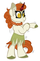 Size: 1720x2572 | Tagged: safe, artist:justapone, autumn blaze, kirin, pony, unicorn, g4, bipedal, cheek fluff, clothes, colored, colored sketch, ear fluff, eyelashes, februpony, female, flat colors, grass skirt, horn, hula, hula dance, mare, no pupils, simple background, sketch, skirt, smiling, solo, species swap, standing, white background