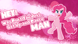 Size: 1920x1080 | Tagged: safe, artist:ismazhecat, pinkie pie, earth pony, pony, g4, bipedal, open mouth, pink background, pump it up, simple background, standing up
