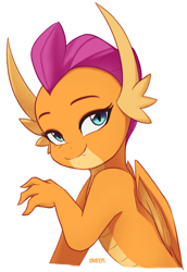 Size: 1938x2813 | Tagged: safe, artist:maren, smolder, dragon, g4, cute, cute little fangs, dragoness, fangs, female, happy, looking at you, simple background, smolderbetes, solo, white background