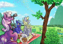 Size: 4092x2893 | Tagged: safe, artist:minka, cheerilee, derpy hooves, oc, oc:dayandey, butterfly, earth pony, pegasus, pony, g4, camera, commission, female, male, mare, picnic, picnic blanket, scenery, stallion, summer, tree