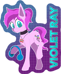 Size: 1049x1253 | Tagged: safe, artist:enragement filly, oc, oc only, oc:violet ray, earth pony, pony, badge, choker, cutie mark, hair tie, headphones, name tag, simple background, solo, transparent background