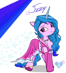 Size: 1400x1532 | Tagged: safe, artist:sallycars, izzy moonbow, pony, unicorn, g5, clothes, dress, legitimately amazing mspaint, looking at you, ms paint, simple background, smiling, solo, white background