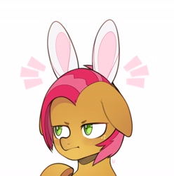 Size: 4064x4096 | Tagged: safe, artist:sugarelement, babs seed, earth pony, pony, g4, adorababs, bunny ears, bust, cute, female, filly, foal, simple background, solo, unamused, white background
