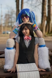 Size: 1066x1600 | Tagged: safe, artist:xblissfulnightmarex, dj pon-3, octavia melody, vinyl scratch, human, g4, 2013, clothes, cosplay, costume, duo, irl, irl human, leg warmers, photo