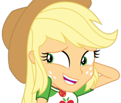 Size: 3725x3178 | Tagged: safe, artist:sketchmcreations, applejack, equestria girls, equestria girls series, g4, holidays unwrapped, o come all ye squashful, spoiler:eqg series (season 2), applejack's hat, applejack's shirt with a collar, arm behind head, awkward smile, clothes, collar, collar shirt, cowboy hat, female, freckles, geode of super strength, hair, hat, high res, looking away, magical geodes, nervous, nervous smile, open mouth, open smile, ponytail, shirt, shirt with a collar, simple background, smiling, solo, stetson, t-shirt, teenager, teeth, transparent background, vector