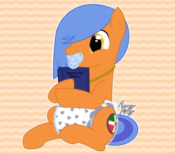 Size: 900x793 | Tagged: safe, artist:mommymidday, oc, oc only, earth pony, pony, book, commission, diaper, diaper fetish, fetish, history book, holding, male, non-baby in diaper, one eye covered, orange background, orange coat, pacifier, poofy diaper, show accurate, signature, simple background, sitting, solo, stallion, tail, two toned tail, yellow eyes