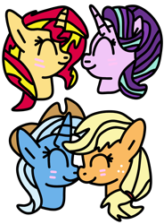Size: 970x1320 | Tagged: safe, artist:icicle-niceicle-1517, artist:jadeharmony, color edit, edit, applejack, starlight glimmer, sunset shimmer, trixie, earth pony, pony, unicorn, g4, accessory theft, applejack's hat, blushing, boop, bust, collaboration, colored, cowboy hat, female, freckles, hat, lesbian, mare, noseboop, ship:shimmerglimmer, shipping, simple background, transparent background, tripplejack