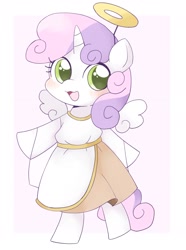 Size: 1460x1965 | Tagged: safe, artist:ginmaruxx, sweetie belle, angel, pony, unicorn, g4, angelic wings, bipedal, clothes, costume, cute, diasweetes, female, filly, floating wings, foal, halo, horn, looking at you, open mouth, solo, sweet dreams fuel, technically alicorn, wings