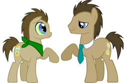 Size: 1280x853 | Tagged: safe, artist:toadstool-prancer, doctor whooves, time turner, oc, oc:tantamount, changeling, earth pony, pony, tantamount time turner, g4, blue eyes, changeling oc, disguise, disguised changeling, duo, earth pony oc, eyes open, full body, green sclera, hooves, lidded eyes, male, male oc, pony oc, raised hoof, simple background, smiling, stallion, standing, tail, transparent background