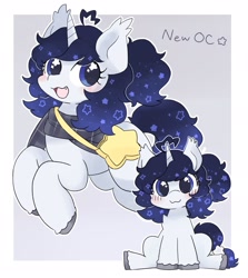 Size: 1827x2048 | Tagged: safe, artist:ginmaruxx, oc, oc only, unnamed oc, pony, unicorn, :3, bag, clothes, cute, cute little fangs, ethereal mane, fangs, female, horn, looking at you, mare, ocbetes, open mouth, scarf, sitting, solo, starry eyes, starry mane, stars, wingding eyes