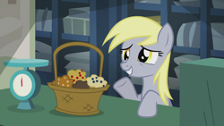 Size: 1920x1080 | Tagged: safe, screencap, derpy hooves, pegasus, pony, g4, season 5, slice of life (episode), 1080p, basket, food, muffin, post office, raised hoof, smiling, solo, that pony sure does love muffins