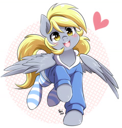Size: 1400x1464 | Tagged: safe, artist:nekoshiei, derpy hooves, pegasus, pony, g4, blushing, clothes, cute, derpabetes, female, heart, hoodie, looking at you, mare, open mouth, open smile, simple background, smiling, smiling at you, socks, solo, striped socks, white background, wings