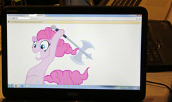 Size: 640x378 | Tagged: safe, pinkie pie, earth pony, pony, g4, 2012, axe, computer, google chrome, hack, irl, laptop computer, photo, weapon