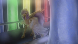 Size: 1192x670 | Tagged: safe, artist:ddashysfm, scootaloo, pegasus, pony, fanfic:pegasus device, fanfic:rainbow factory, 2022, absentia, alternate hairstyle, fanfic art, female, frown, injured wing, large wings, lineless, liquid rainbow, long tail, looking down, pegasus device, sad, solo, spectra, standing, tail, wings