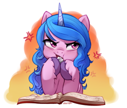 Size: 2997x2557 | Tagged: safe, artist:maren, izzy moonbow, pony, unicorn, g5, angry, bibliovore, book, bust, cross-popping veins, cute, eating, emanata, eyebrows, eyebrows visible through hair, female, frown, glare, high res, hoof hold, horn, izzybetes, kimiko glenn, liza on demand, looking away, madorable, mare, meme, paper, reference in the description, reference to another series, solo, unshorn fetlocks, voice actor joke, voice actor reference