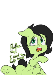 Size: 1000x1414 | Tagged: safe, alternate version, artist:happy harvey, oc, oc only, oc:filly anon, earth pony, pony, belly button, dialogue, ears back, earth pony oc, female, filly, floppy ears, frog (hoof), implied fluttershy, phone drawing, scared, simple background, solo, transparent background, underhoof