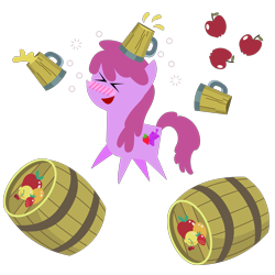 Size: 2401x2401 | Tagged: safe, artist:sketchmcreations, berry punch, berryshine, earth pony, pony, g4, ><, apple, barrel, blush lines, blushing, cider, drunk, drunk bubbles, eyes closed, female, food, go home you're drunk, high res, inkscape, jumping, mare, mug, open mouth, open smile, pointy ponies, simple background, smiling, solo, spilled drink, tankard, transparent background, vector