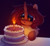 Size: 1500x1384 | Tagged: source needed, safe, artist:enderselyatdark, oc, oc only, oc:flechette, changeling, moth, mothling, original species, birthday, birthday cake, cake, candle, curved horn, eye reflection, female, food, horn, red changeling, reflection, simple background, solo