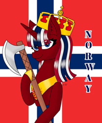 Size: 1280x1536 | Tagged: safe, artist:hiroultimate, oc, pony, axe, flag, nation ponies, norway, ponified, solo, weapon