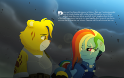 Size: 7113x4500 | Tagged: safe, artist:bearmation, rainbow dash, bear, pegasus, pony, g4, absurd resolution, alternate universe, care bears, clothes, crossover, crossover shipping, eye scar, female, floppy ears, funshine bear, looking at each other, looking at someone, male, mare, scar, shipping, straight, text, uniform