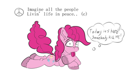 Size: 2000x1284 | Tagged: artist needed, safe, pinkie pie, earth pony, pony, g4, comic, dark, john lennon, simple background, tongue out, unshorn fetlocks, white background