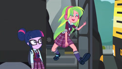 Size: 3410x1920 | Tagged: safe, screencap, lemon zest, sci-twi, twilight sparkle, equestria girls, g4, my little pony equestria girls: friendship games, air guitar, clothes, crystal prep academy uniform, duo, duo female, eyes closed, female, glasses, headphones, high res, magic capture device, necktie, open mouth, open smile, school uniform, shoes, smiling, socks