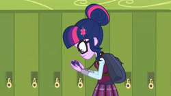 Size: 3410x1920 | Tagged: safe, screencap, sci-twi, twilight sparkle, equestria girls, g4, my little pony equestria girls: friendship games, female, glasses, high res, lockers, magic capture device, solo