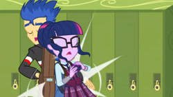 Size: 3410x1920 | Tagged: safe, screencap, flash sentry, sci-twi, twilight sparkle, equestria girls, g4, my little pony equestria girls: friendship games, duo, eyes closed, female, glasses, high res, lockers, magic capture device, male, open mouth