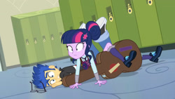Size: 3410x1920 | Tagged: safe, screencap, flash sentry, sci-twi, twilight sparkle, equestria girls, friendship games, g4, boots, clothes, duo, female, glasses, high res, lockers, magic capture device, male, shoes, shrunken pupils, socks