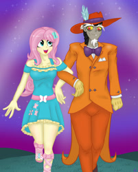 Size: 1280x1592 | Tagged: safe, artist:lennondash, discord, fluttershy, equestria girls, g4, age difference, bowtie, breasts, duo, equestria girls-ified, female, hat, linked arms, looking at each other, looking at someone, male, night, night sky, open mouth, open smile, ship:discoshy, shipping, sky, smiling, stars, story included, straight, zoot suit