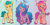 Size: 485x238 | Tagged: safe, edit, hitch trailblazer, izzy moonbow, sunny starscout, earth pony, pony, unicorn, g5, my little pony: a new generation, official, 2d, badge, bag, bracelet, braid, clothes, cropped, friendly, h&m, happy, jewelry, looking at you, merchandise, raised hoof, sheriff, smiling, smiling at you