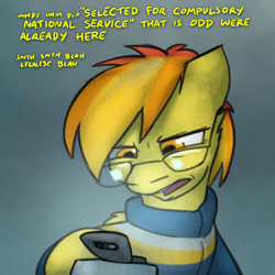 Size: 800x800 | Tagged: safe, artist:captainhoers, spitfire, pegasus, pony, the sunjackers, g4, cellphone, dialogue, female, glasses, mare, older, older spitfire, phone, reading, solo
